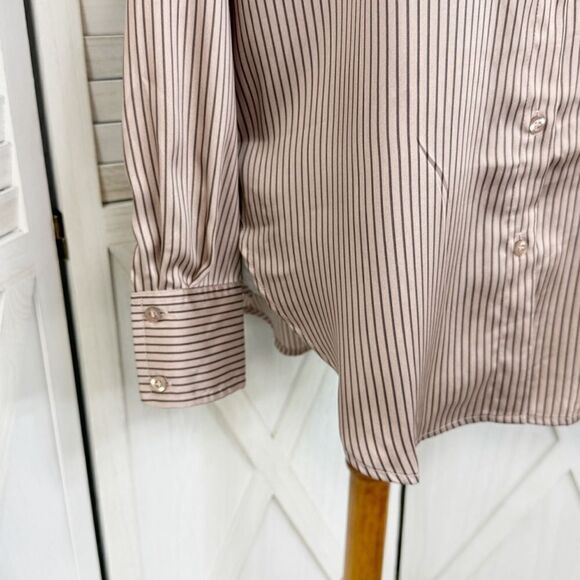 The Workshop Satin Pinstripe Oversized Button Up Shirt Mocha Medium Boyfriend - Picture 9 of 15